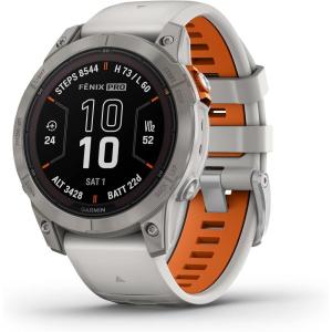 imageGarmin fnix 7S Pro Sapphire Solar Multisport GPS Smartwatch Builtin Flashlight Solar Charging Capability SandTitanium with Fog GrayEmber Orange Band