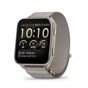 imageGarmin Venu X1 Thin and Lightweight GPS Smartwatch AMOLED Display Advanced Health and Fitness Features Soft Gold with Titanium Caseback and French Gray ComfortFit Nylon BandSoft Gold with French Gray